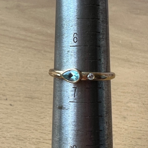 VINTAGE 14K YELLOW GOLD PEAR CUT BLUE TOPAZ DIAMOND BAND RING STACKABLE SLEEK - Picture 7 of 16